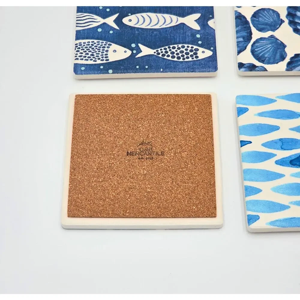 Blue Coastal Watercolor Ceramic Coaster Set – Ocean Art Tiles (Set of 4)